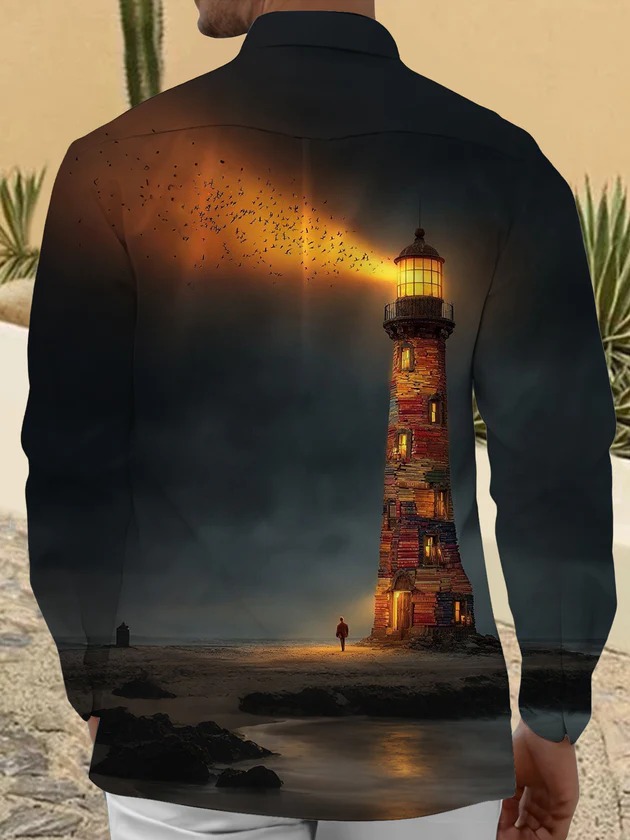 Lighthouse Print Men's Pocket Long SleeveShirts