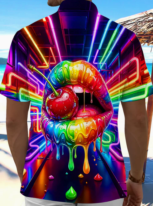 Neon Colorful Lips And Cherry Men's Pocket Short Sleeve Shirts